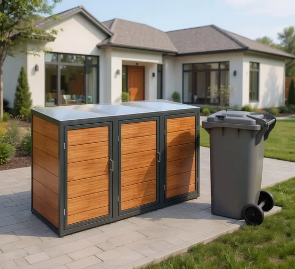 Firefly_Die mülltonnenbox soll vor einem schönen Einfamilienhaus stehen. Das Referenzbild (di 522728